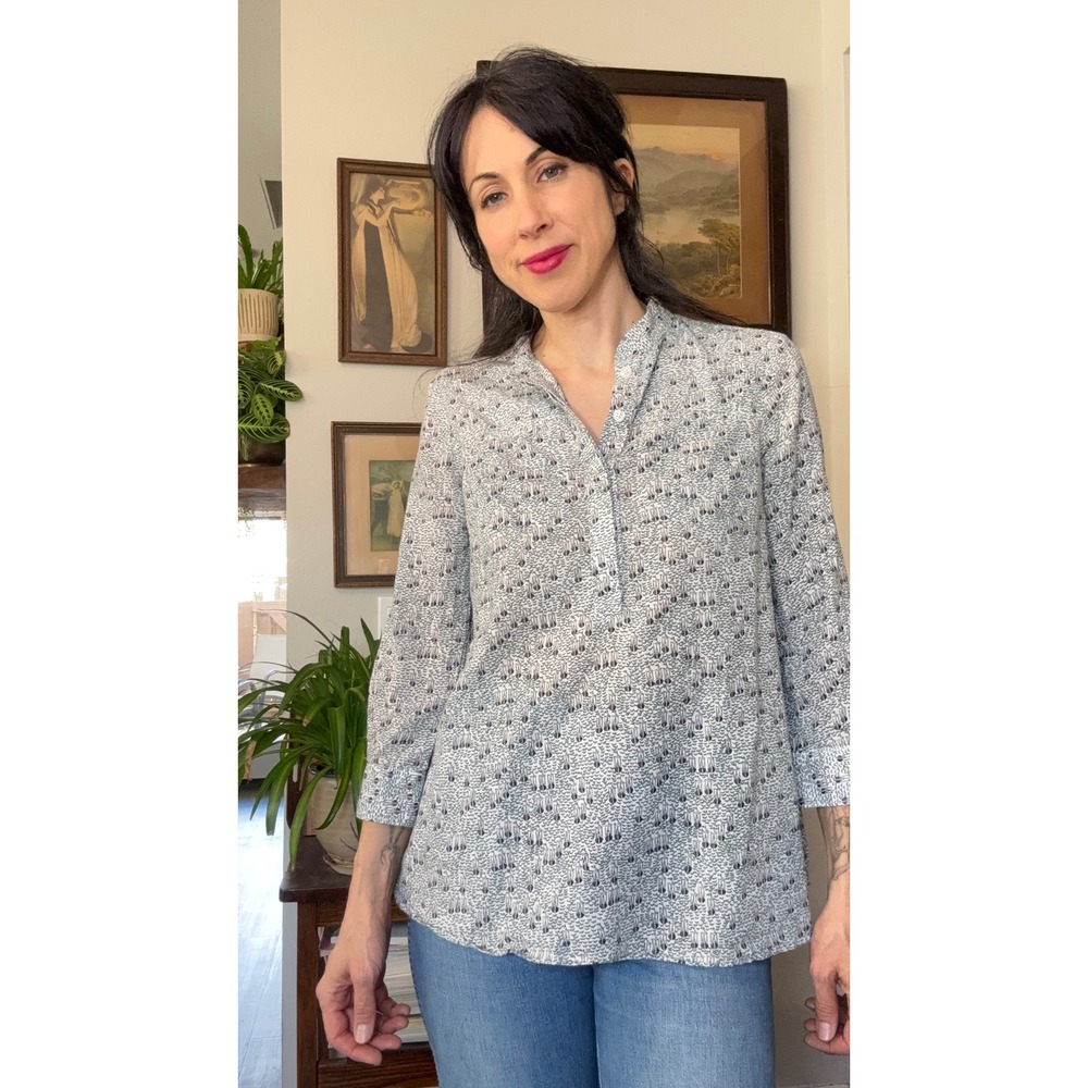 Blue and White Micro Print sail boats novelty Blouse Mandarin Collar